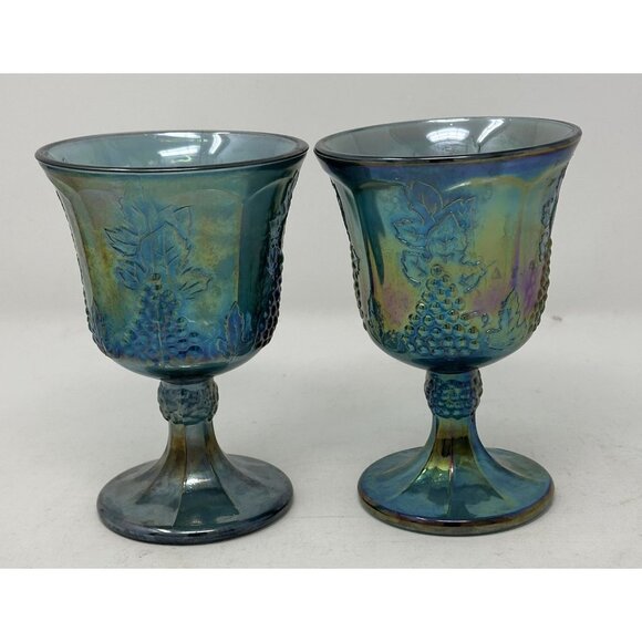 2 INDIANA GLASS CONTEMPORARY CARNIVAL HARVEST GRAPE Goblets Iridescent Blue 0176 - Picture 3 of 9